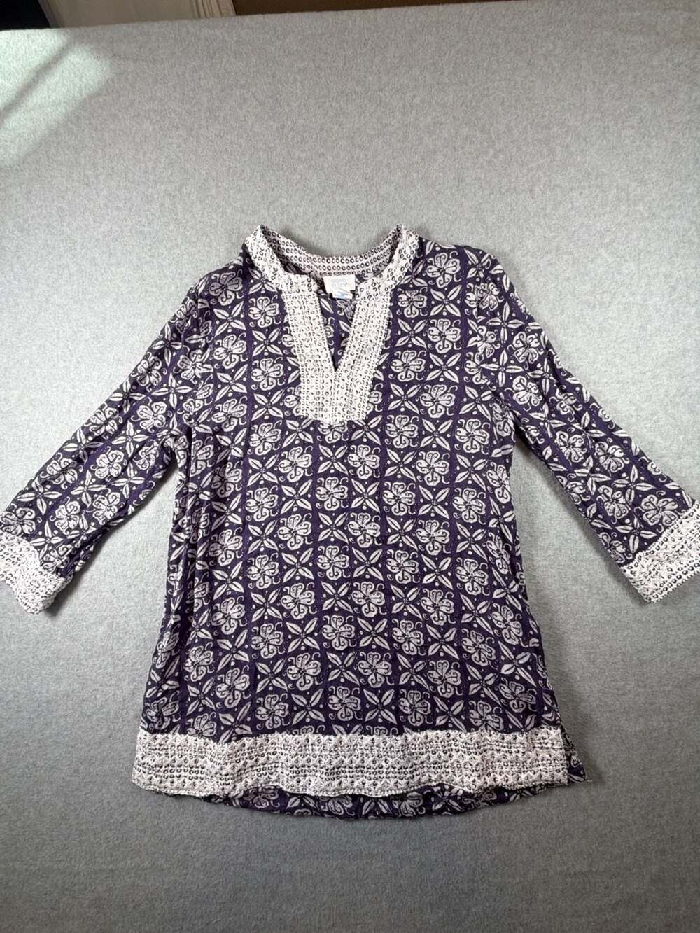 Sigrid Olsen Blue Floral Cotton Tunic with Crocheted Lace Trim